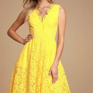 LULU'S Love Swept Yellow Lace Midi Skater Dress, (xs)